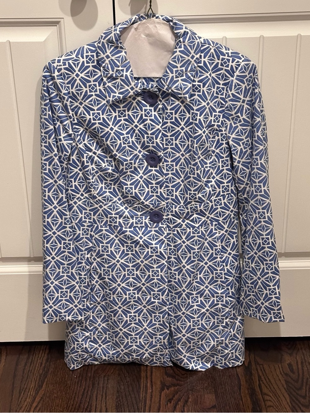 Tyler Boe Blue & White Geometric Trench Coat